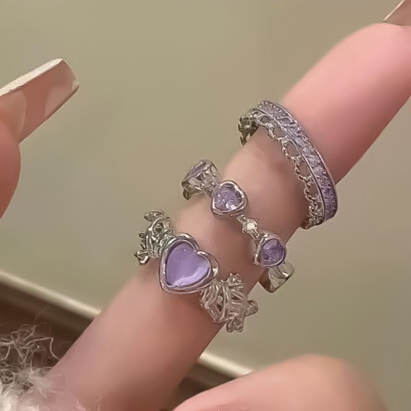 Fashion Purple Diamond Alloy Love Cat's Eye Geometric Ring Set