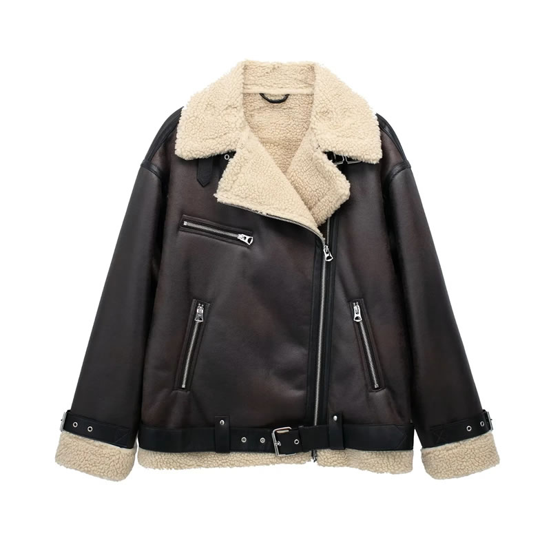 Fashion Brown Fur Lapel Zipped Jacket