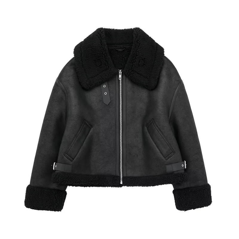Fashion Black Fur Lapel Zipped Jacket