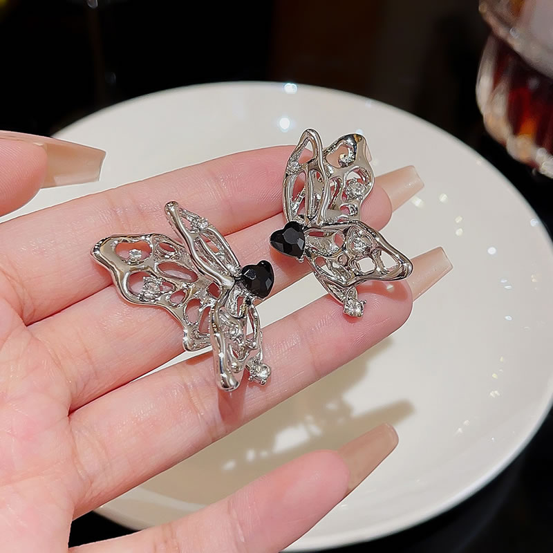 Fashion Silver Alloy Diamond Love Butterfly Stud Earrings