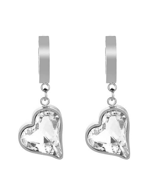 Fashion Silver+white Titanium Steel Inlaid Zirconium Heart Hoop Earrings