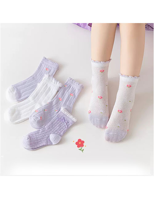 Fashion Purple Flower [spring And Summer Mesh 5 Pairs] Cotton Printed Breathable Mesh Kids Socks