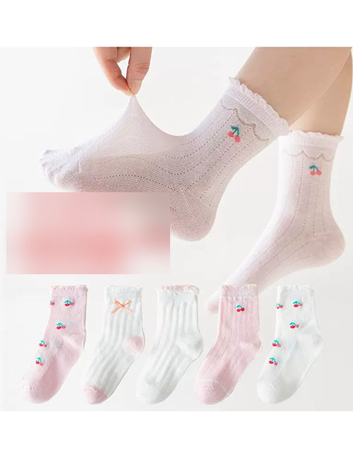 Fashion Pink Cherry [spring And Summer Mesh 5 Pairs] Cotton Printed Breathable Mesh Kids Socks