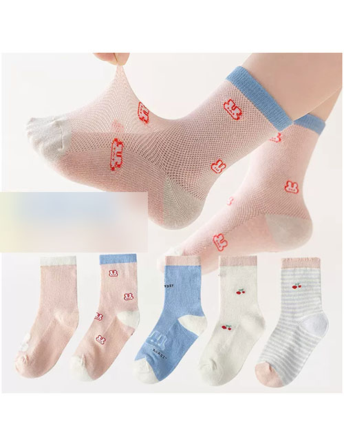 Fashion Cherry Bunny [spring And Summer Mesh 5 Pairs] Cotton Printed Breathable Mesh Kids Socks