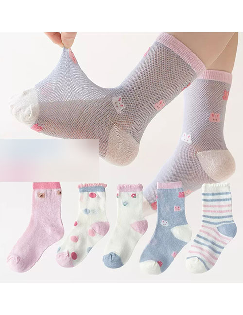 Fashion Striped Bunny [spring And Summer Mesh 5 Pairs] Cotton Printed Breathable Mesh Kids Socks