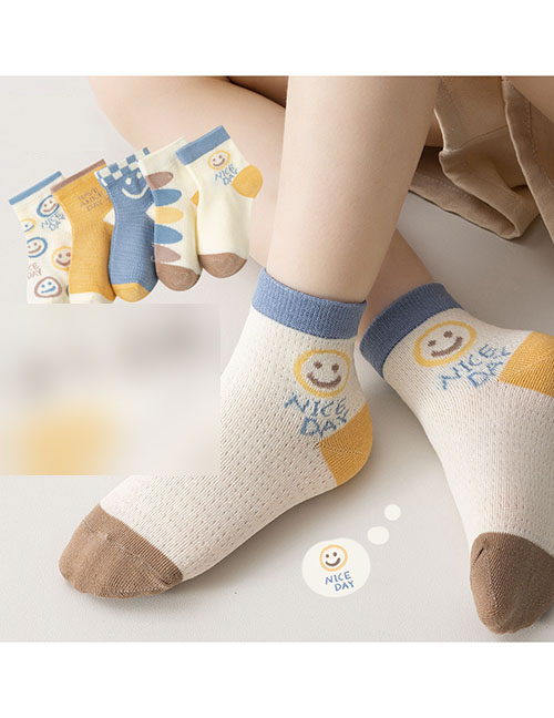 Fashion Korean Smiley Face [spring And Summer Mesh 5 Pairs] Cotton Printed Breathable Mesh Kids Socks