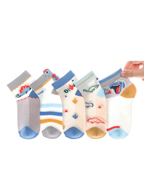 Fashion Cartoon Dinosaur [spring And Summer Mesh 5 Pairs] Cotton Printed Breathable Mesh Kids Socks