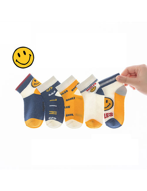 Fashion Yellow Smiling Face [spring And Summer Mesh 5 Pairs] Cotton Printed Breathable Mesh Kids Socks