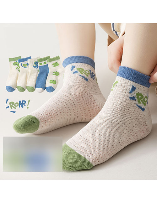 Fashion Dark Green Dinosaur [breathable Mesh 5 Pairs] Cotton Printed Breathable Mesh Kids Socks