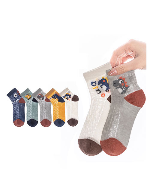 Fashion Cute Dinosaur [breathable Mesh 5 Pairs] Cotton Printed Breathable Mesh Kids Socks