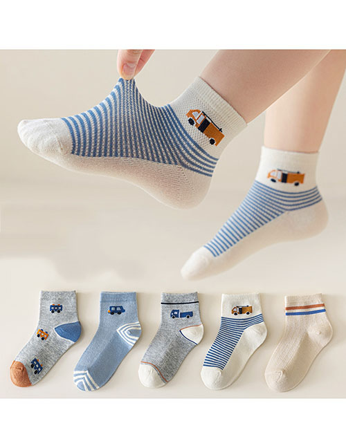 Fashion Cartoon Truck [spring And Summer Mesh 5 Pairs] Cotton Printed Breathable Mesh Kids Socks
