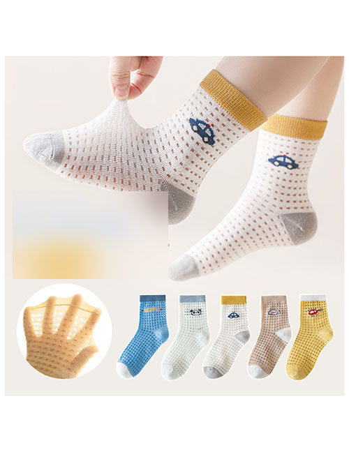 Fashion Car Panda [spring And Summer Mesh 5 Pairs] Cotton Printed Breathable Mesh Kids Socks