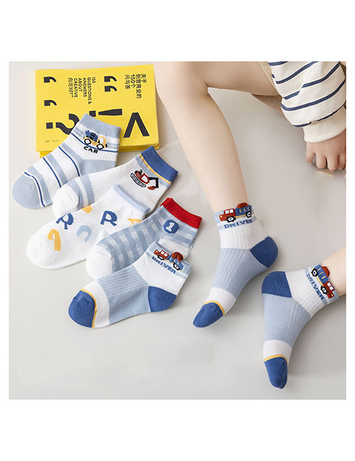 Fashion Childlike Engineering Vehicle [5 Pairs Of Breathable Mesh] Cotton Printed Breathable Mesh Kids Socks