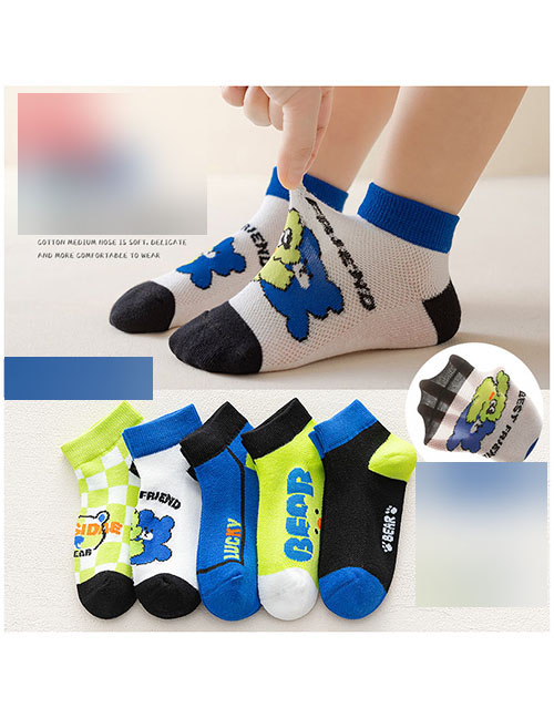 Fashion Cool Bear [5 Pairs Of Breathable Mesh] Cotton Printed Breathable Mesh Kids Socks