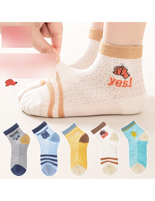 Fashion Skateboard Boy [spring And Summer Mesh 5 Pairs] Cotton Printed Breathable Mesh Kids Socks