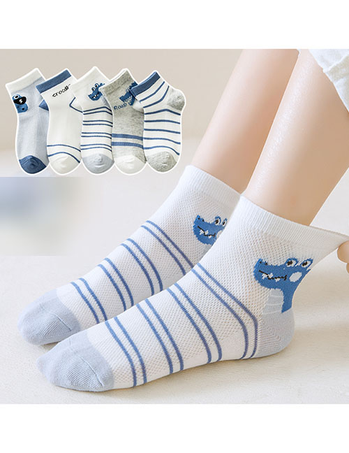 Fashion Cartoon Crocodile [spring And Summer Mesh 5 Pairs] Cotton Printed Breathable Mesh Kids Socks