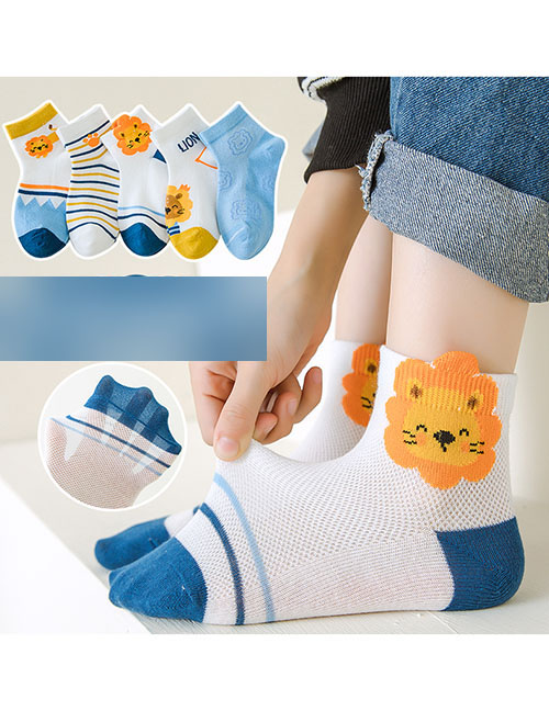Fashion Cartoon Lion [spring And Summer Mesh 5 Pairs] Cotton Printed Breathable Mesh Kids Socks