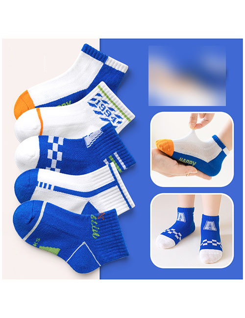 Fashion Klein Blue [breathable Mesh 5 Pairs] Cotton Printed Breathable Mesh Kids Socks