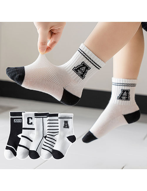 Fashion Black And White Letters [breathable Mesh 5 Pairs] Cotton Printed Breathable Mesh Kids Socks