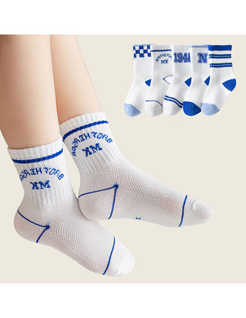 Fashion Blue Letters [breathable Mesh 5 Pairs] Cotton Printed Breathable Mesh Kids Socks