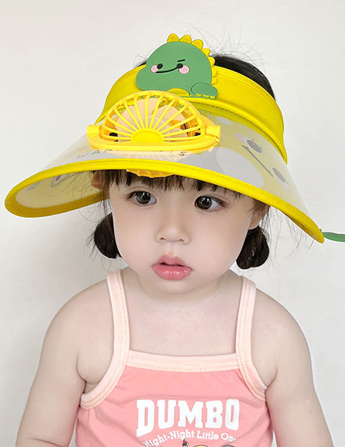 Fashion Yellow Dinosaur Fan Hat [adjustable Wind Speed] Pc Cartoon Large Brim With Fan Empty Top Sun Hat (with Electronics)