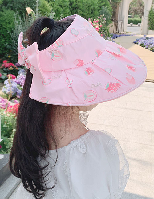 Fashion Big Brim Bowknot Empty Top - Pink Strawberry [princess Series] (free Windproof Rope) Polyester Print Hollow Bow Sun Hat