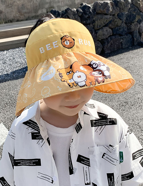Fashion Empty Hat With Big Brim - Cute Yellow Cartoon Bear [free Windproof Rope] Polyester Print Sun Hat