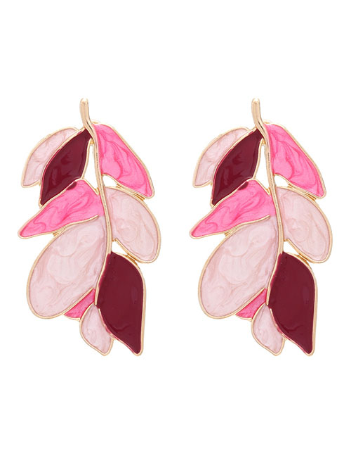 Fashion Pink Alloy Leaf Stud Earrings