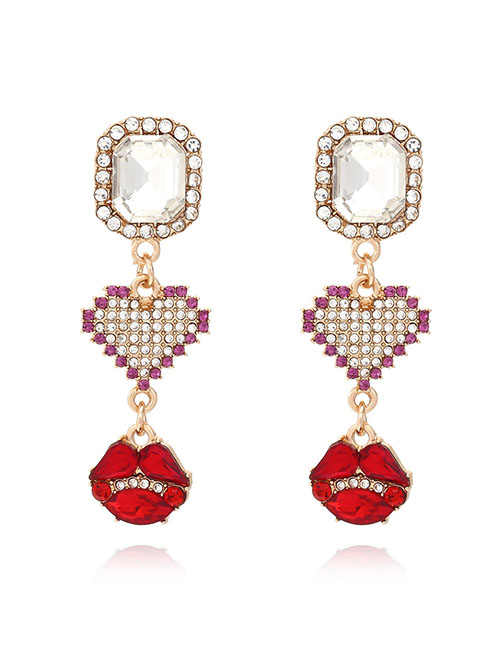 Fashion Color Alloy Diamond Heart Lips Square Earrings