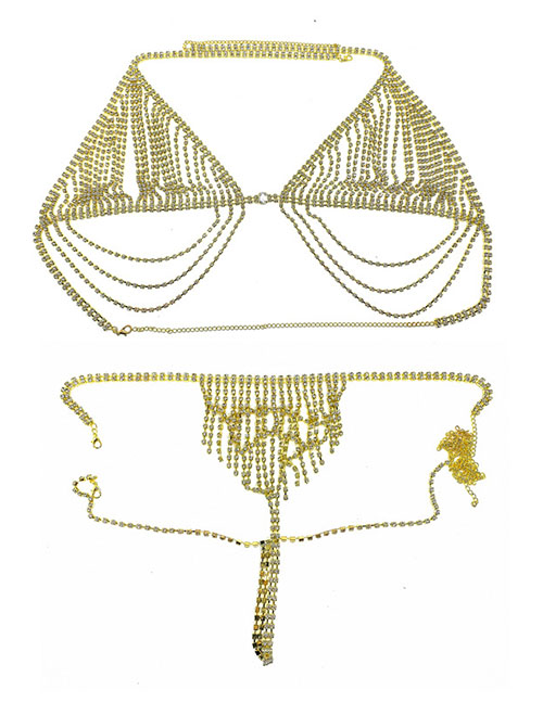 Fashion Gold Plated Suit Geometric Diamond Cutout Bra Panty Body Chain Set