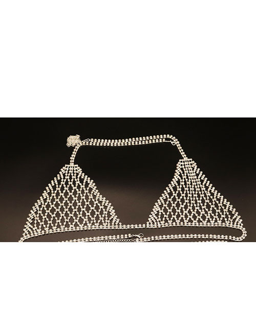 Fashion White Top Geometric Diamond Halter Cutout Bra Body Chain