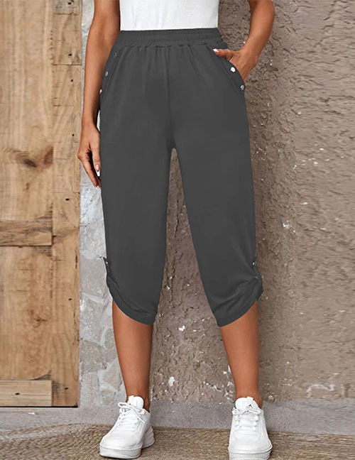 Fashion Dark Gray Polyester Button Elastic Cropped Pants