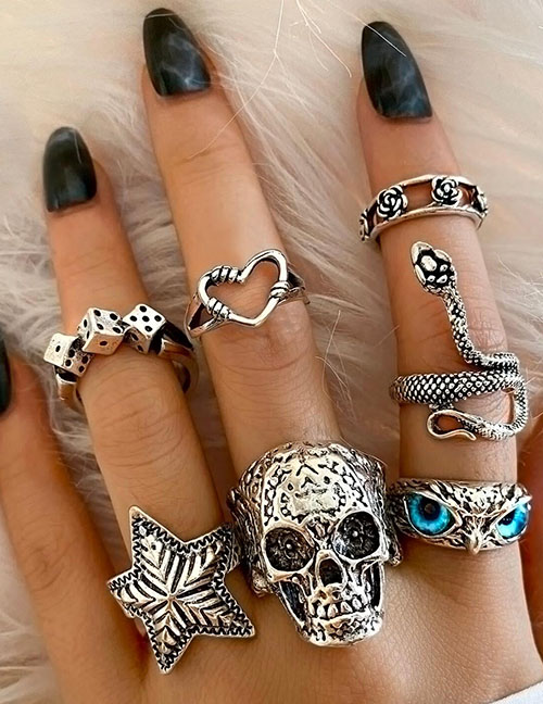 Fashion Silver Alloy Pentagram Heart Skull Snake Owl Ring Set