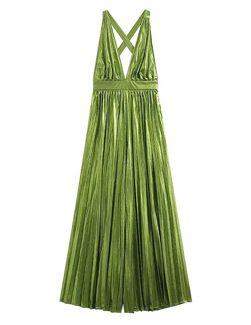 Fashion Green Polyester Pleated V-neck Sundress