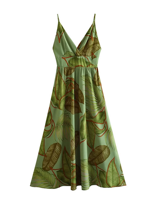 Fashion Green Woven Printed V-neck Slip Dress
