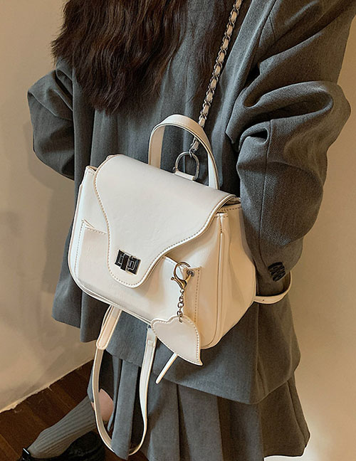 Fashion White Pu Lock Flap Large Capacity Backpack
