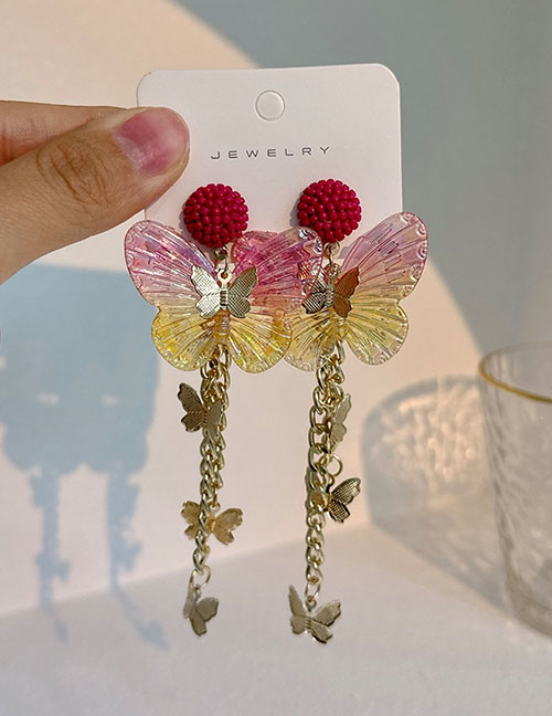Fashion Red Alloy Geometric Chain Tassel Butterfly Earrings