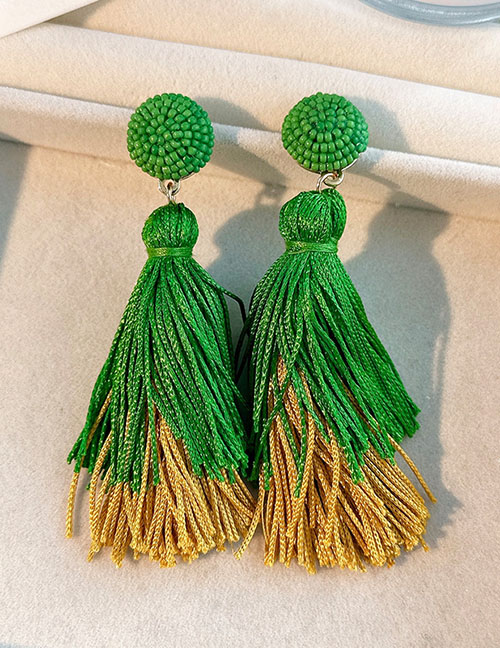 Fashion Green Fabric Color Block Double Tassel Earrings