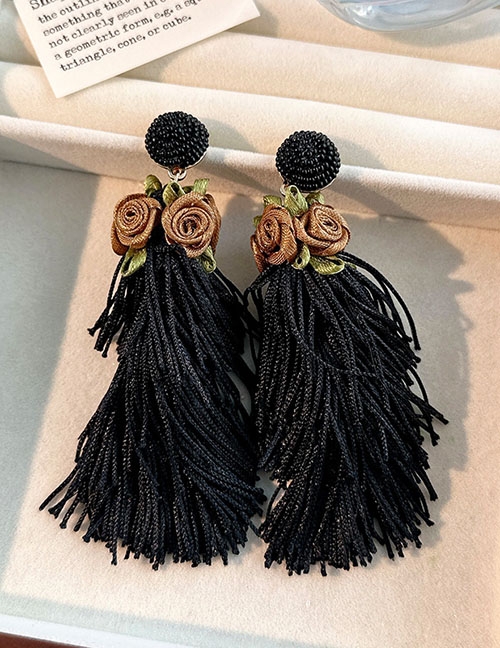 Fashion Black Fabric Flower Tassel Earrings