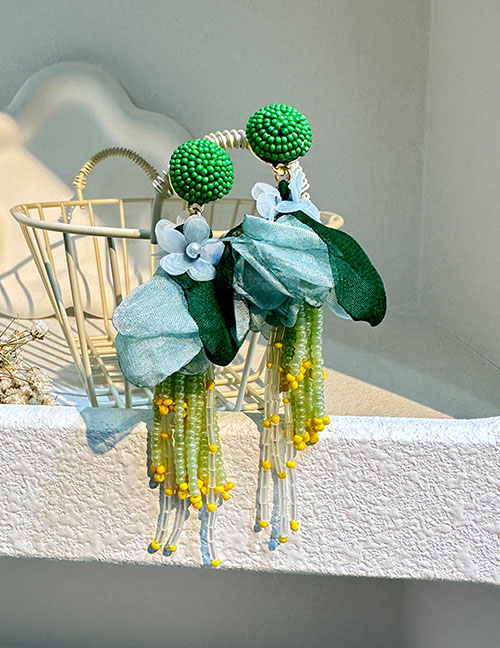 Fashion Green Fabric Bead Woven Flower Earrings