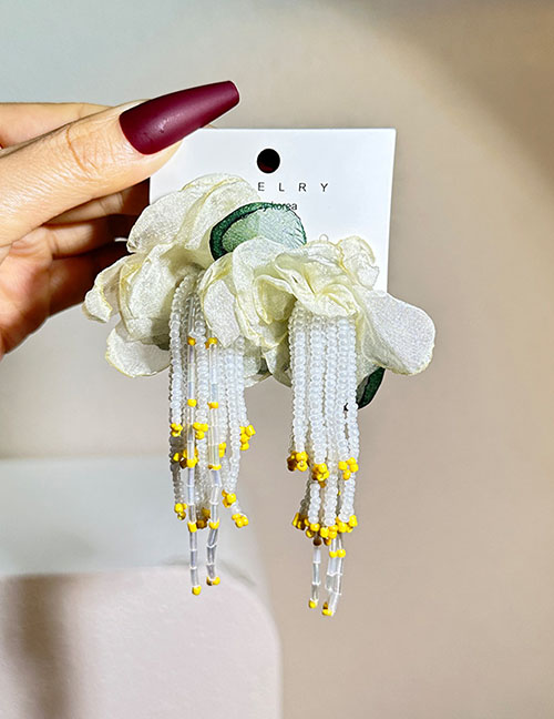 Fashion White Fabric Flower Tassel Earrings