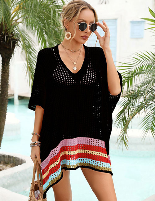 Fashion Black Open-knit Long-sleeve Sun Protection Blouse