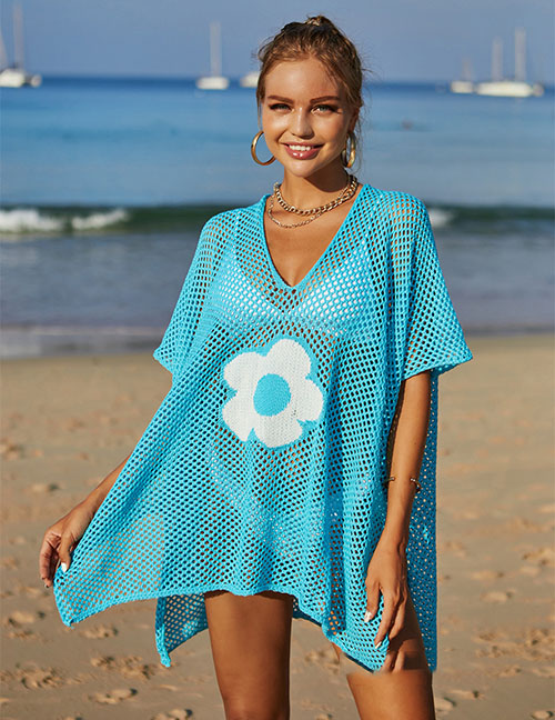 Fashion Lake Blue Acrylic Open-knit Floral Sunscreen Blouse