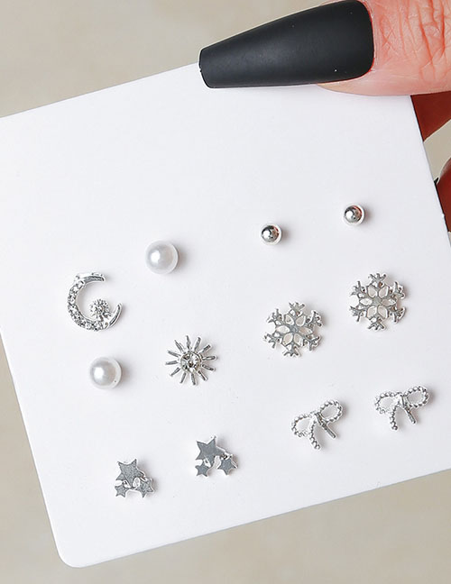 Fashion 9# Geometric Pearl Bow Snowflake Moon Earring Set