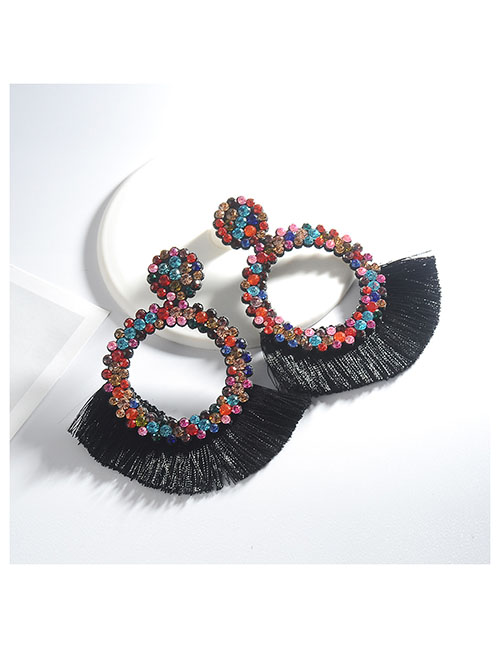 Fashion Black Nylon Rhinestone Tassel Earrings