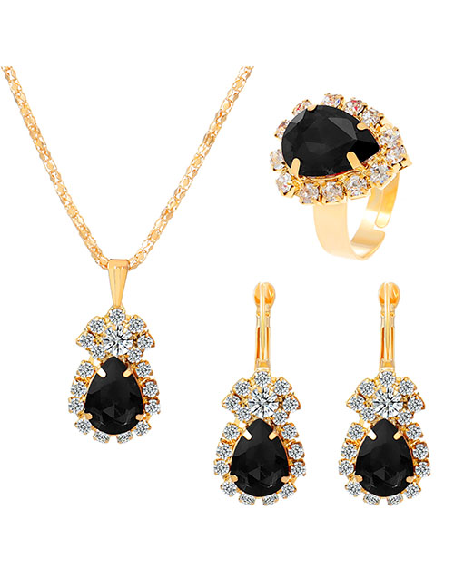 Fashion Black Alloy Diamond Drop Necklace Earrings Ring Set