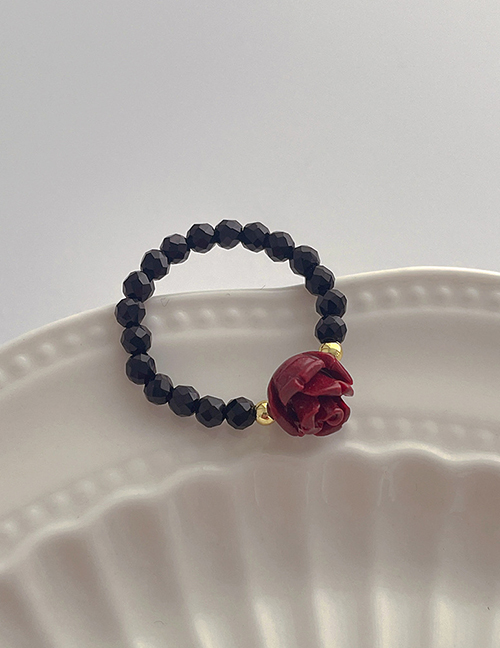Fashion Black + Rose Ring Geometric Crystal Beaded Flower Ring