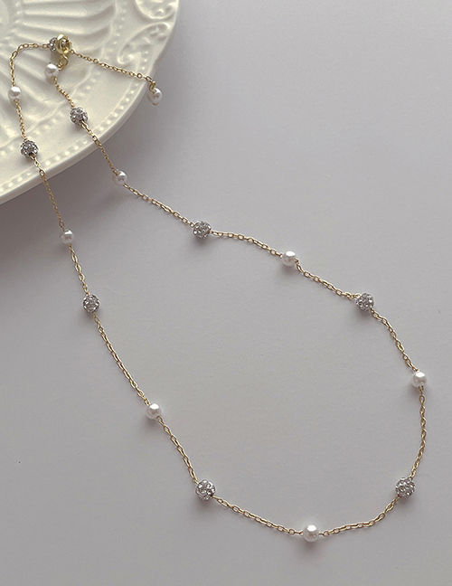 Fashion Gold Geometric Diamond And Pearl Chain Necklace