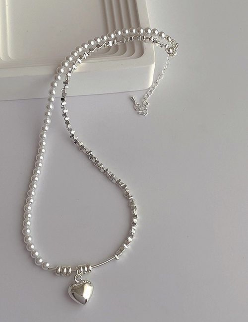 Fashion Silver Broken Silver Panel Pearl Beaded Heart Necklace