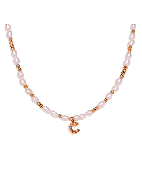 Fashion Gold-c Gold Plated Pearl Beaded Diamond Alphabet Necklace In Titanium Steel